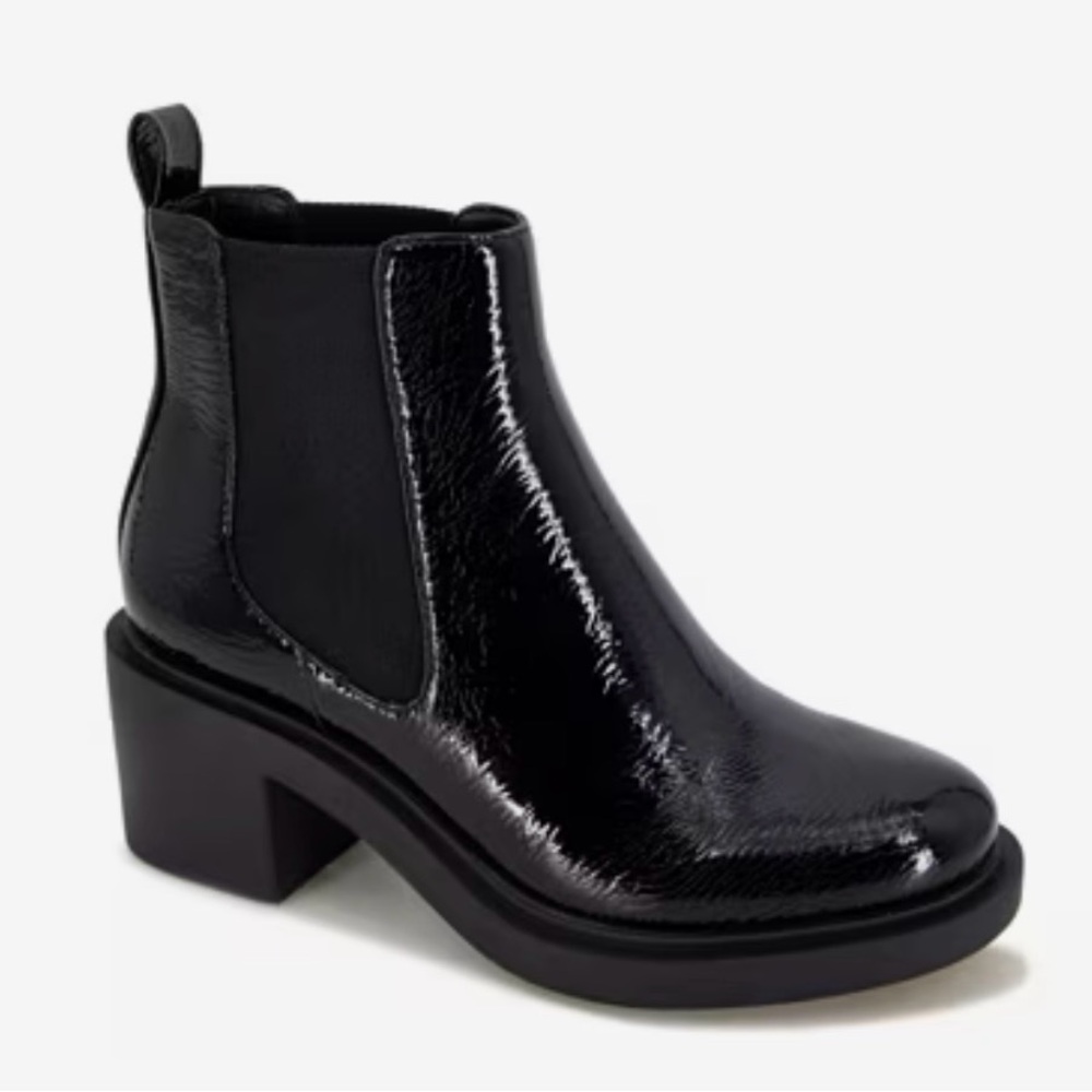 Andre Assous Gemma Black Patent Leather Block Heel Stretch Chelsea Boots 6.5M
